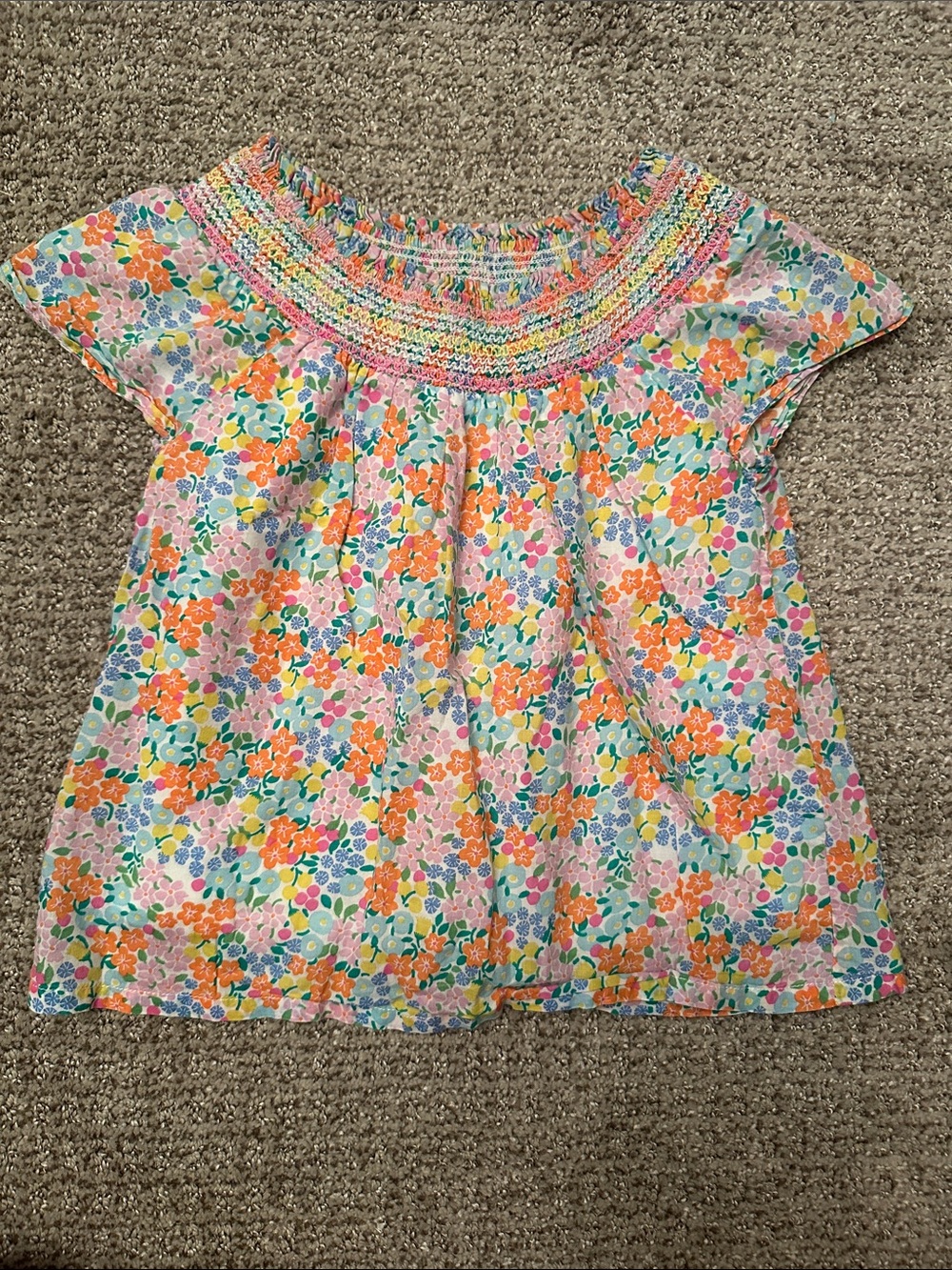 Mini Boden Floral Smocked Neck Top - Orange, Pink, Green, Blue